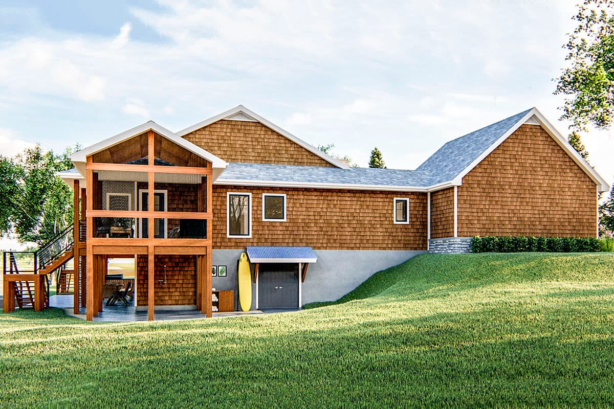 House plan exterior with shingle siding, two stories, screened porch, and walk-out basement.