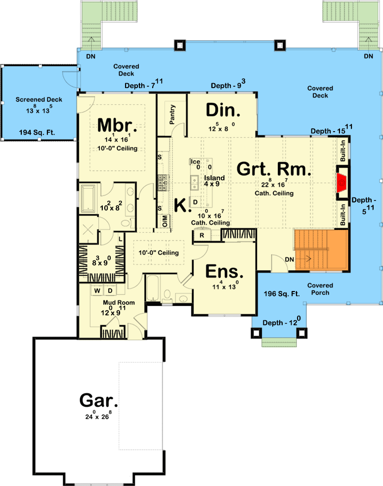 Plan 62792DJ: One-level Country Lake House Plan with Massive Wrap-around Deck - Floor Plan - Main Level - Country, Craftsman, Mountain, Traditional, Vacation