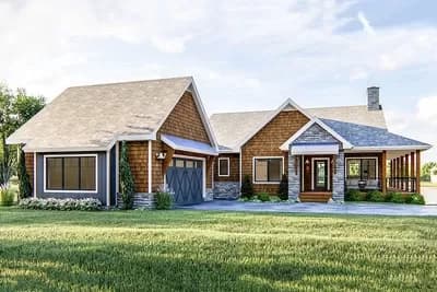 One-level Country Lake House Plan with Massive Wrap-around Deck