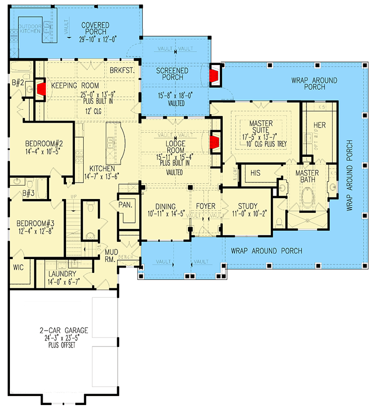 Plan 25678GE: Country Style Farmhouse Plan with Outdoor Kitchen and Wrap-Around Porch - 2790 Sq Ft - Floor Plan - Main Level - Country, Craftsman, Farmhouse, Modern Farmhouse, New American, Ranch