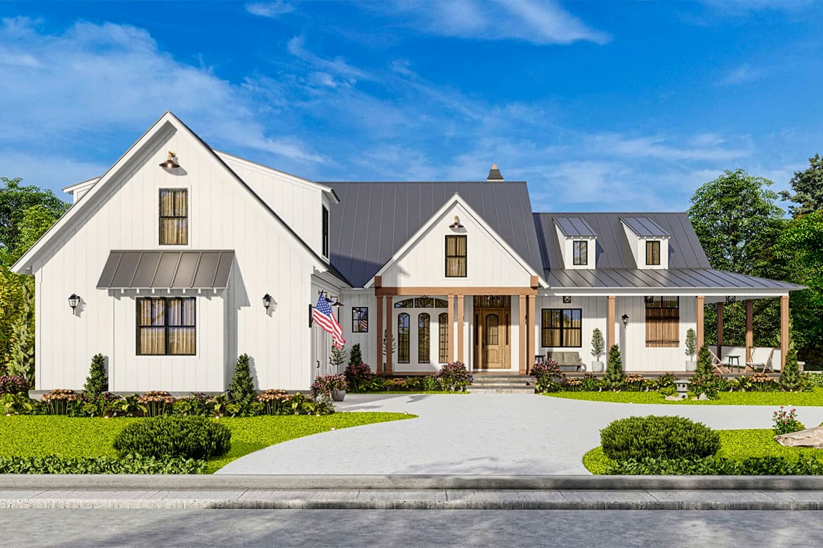 Modern Farmhouse house plan exterior, two stories, with gables, dormers, metal roof, and covered front porch with timber supports.