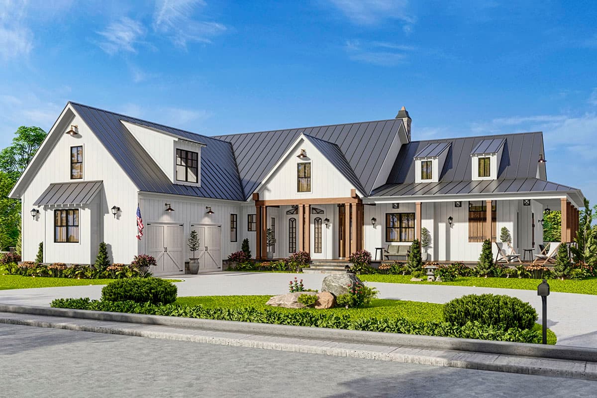 House plan exterior. Modern farmhouse style with two stories, gabled rooflines, dormers, and a covered porch. Features a two-car garage.