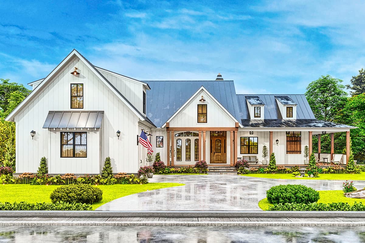 House plan exterior: Modern Farmhouse style, two stories, white board-and-batten siding, metal roof, front porch with timber posts, gabled dormers.