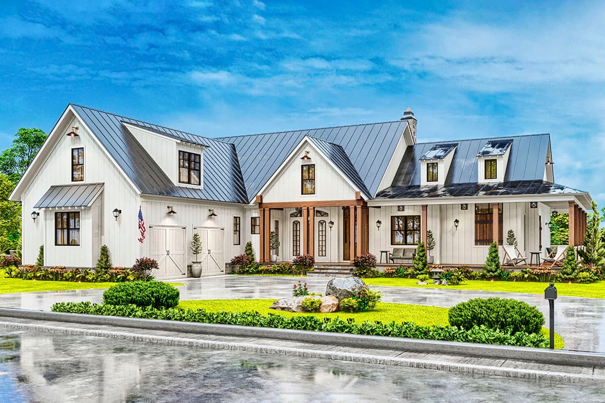 Modern Farmhouse house plan exterior with metal roof, dormers, covered entry porch, and a side-facing three-car garage.