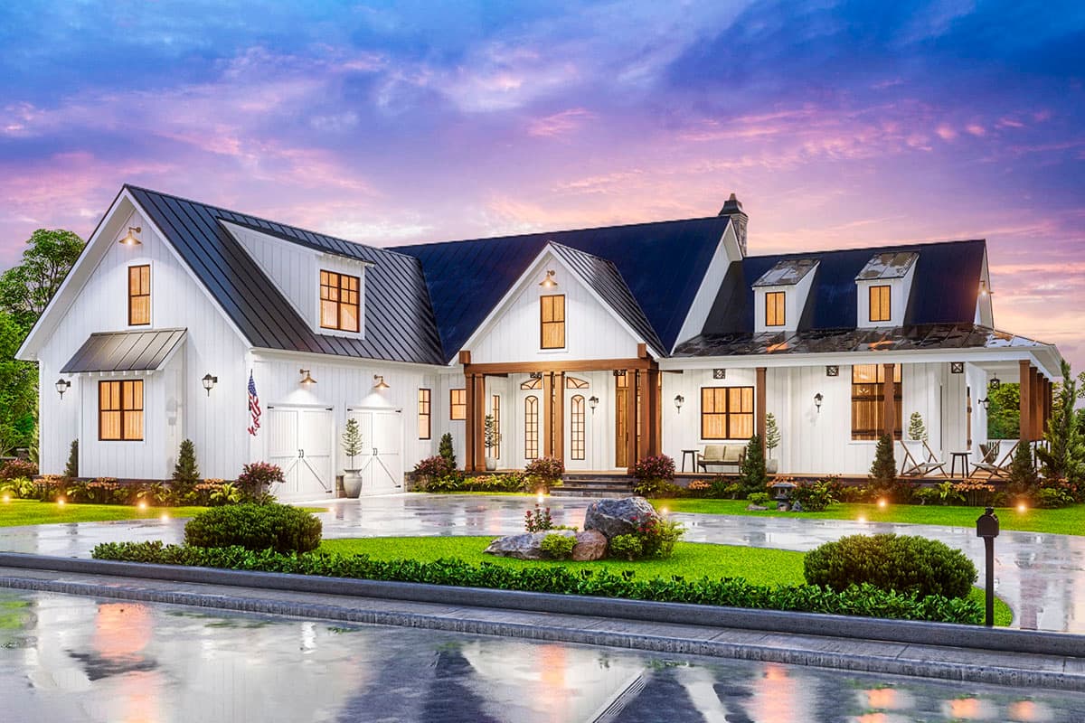Modern Farmhouse house plan exterior with a dark metal roof, prominent gables, two-car garage, and a covered front porch with wood columns.