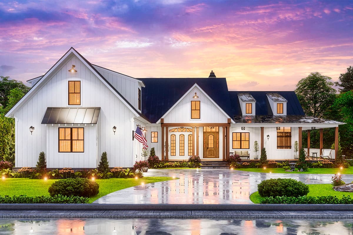 House plan exterior: Modern farmhouse style, two stories, prominent gables, metal awnings, and a covered front porch.
