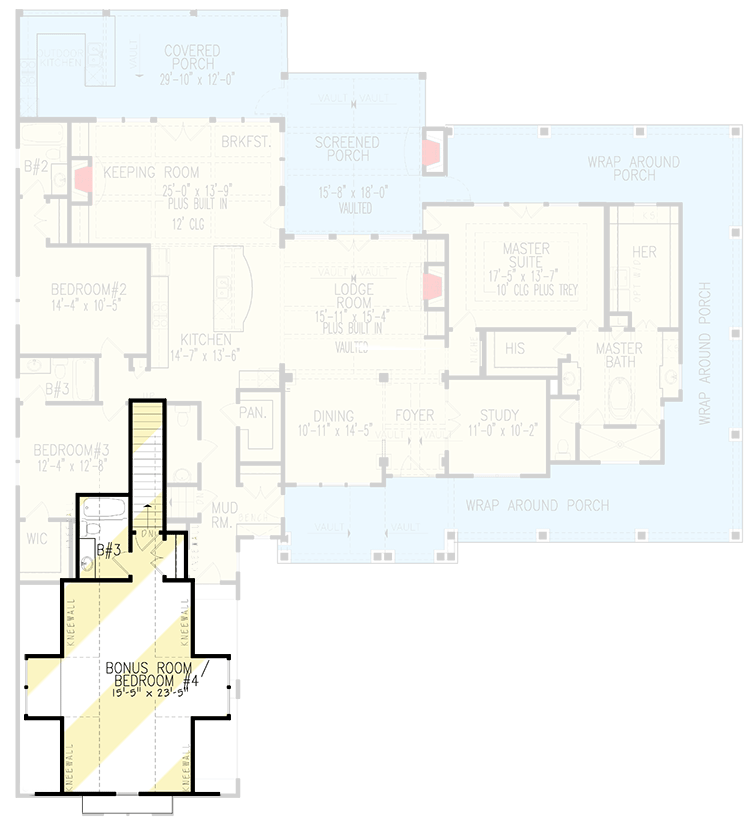 Plan 25678GE: Country Style Farmhouse Plan with Outdoor Kitchen and Wrap-Around Porch - 2790 Sq Ft - Floor Plan - Bonus Level - Country, Craftsman, Farmhouse, Modern Farmhouse, New American, Ranch