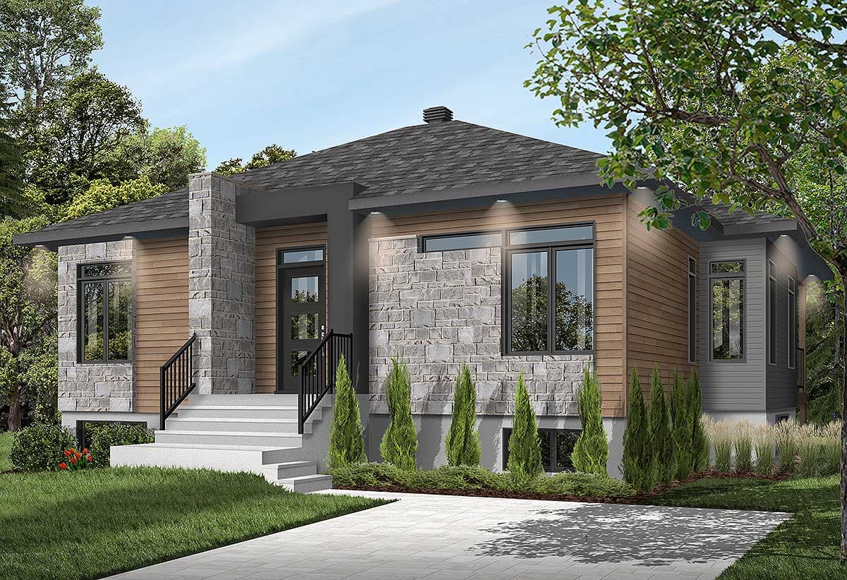 Modern house plan exterior featuring stone and wood siding, a covered entryway, and large windows.