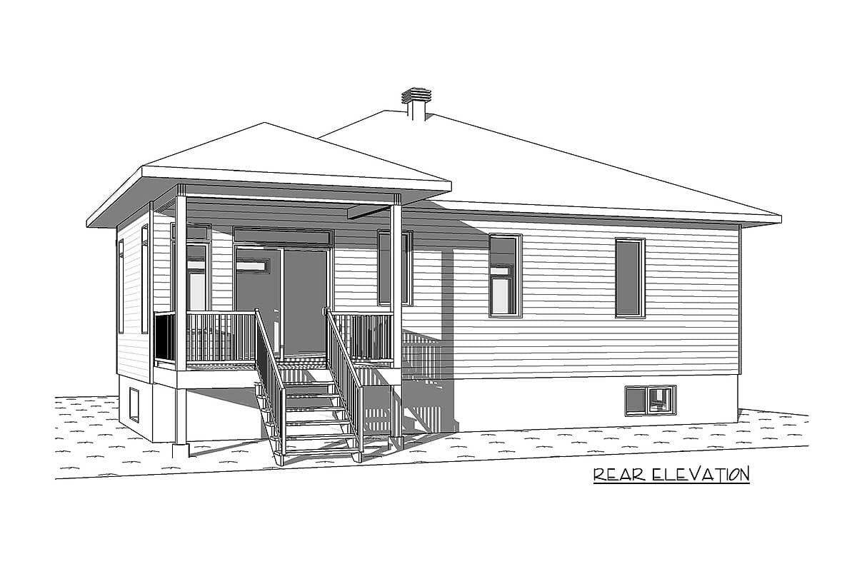 Rear elevation drawing of a one-story house plan with a covered porch, gabled roof, and horizontal siding.
