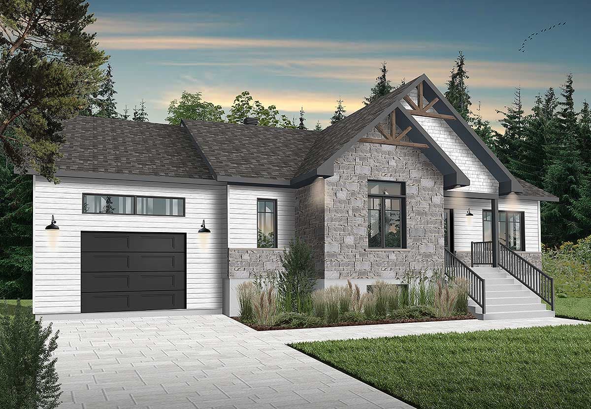 House plan exterior with stone veneer, gabled roof, and a covered porch. Features a two-car garage and a modern design.