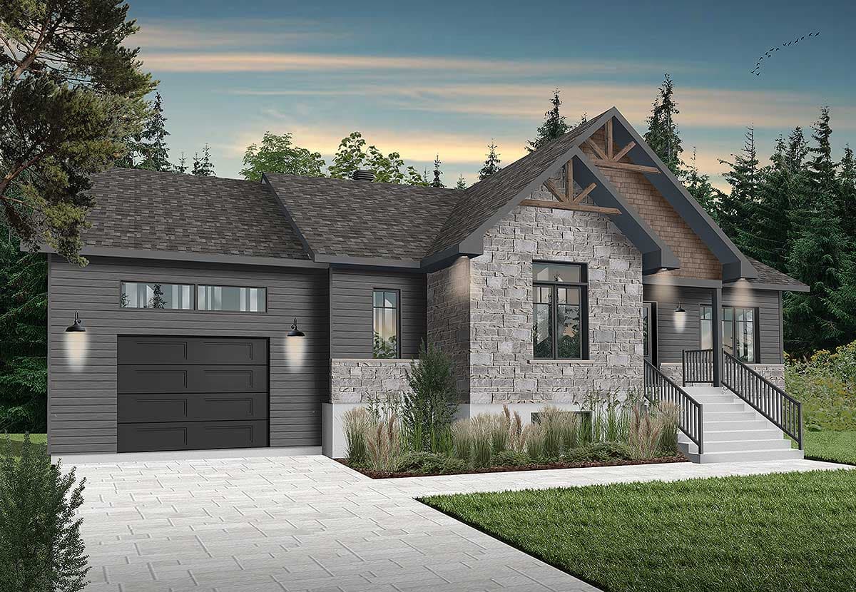 House plan exterior: Modern style home with stone and horizontal siding, prominent gable with exposed wood beams, and a single-car garage.