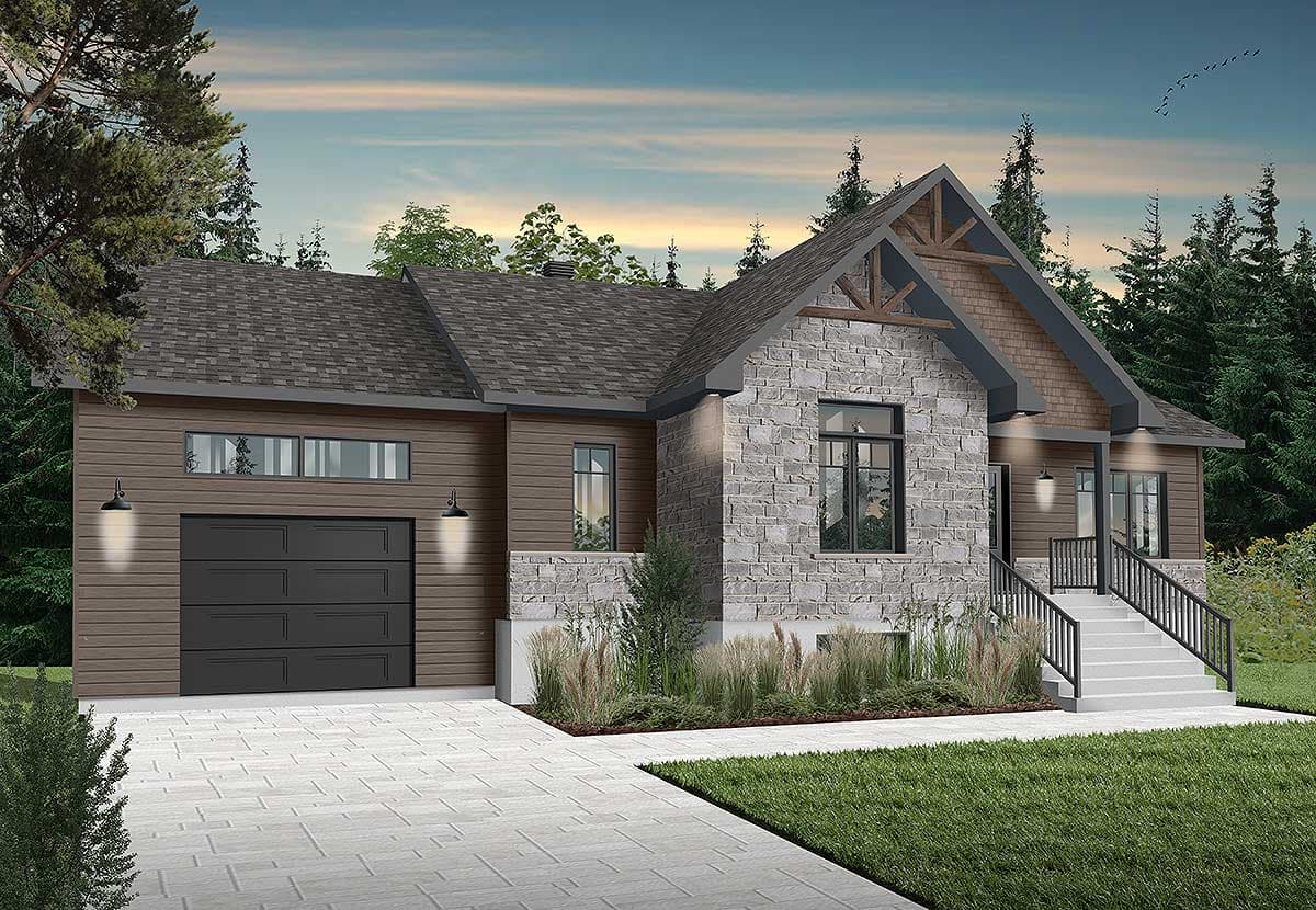 House plan exterior: Modern style, stone and wood siding, pitched roof, single garage door, covered porch.