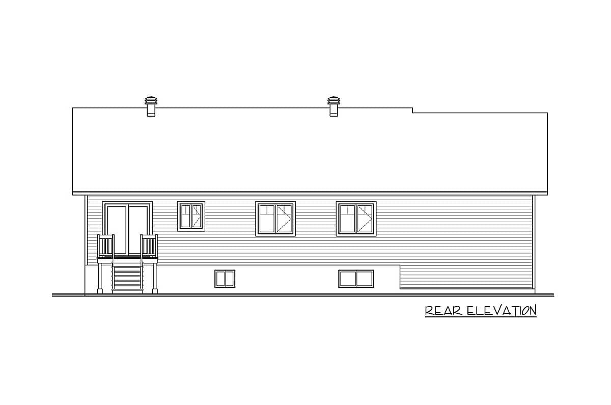 Rear elevation drawing of a house plan featuring a sliding glass door with a small deck and multiple windows.