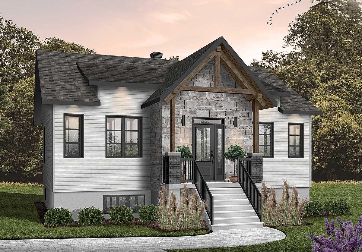 House plan exterior. One-story Craftsman home with a stone and timber portico, gable roof, and black-framed windows.