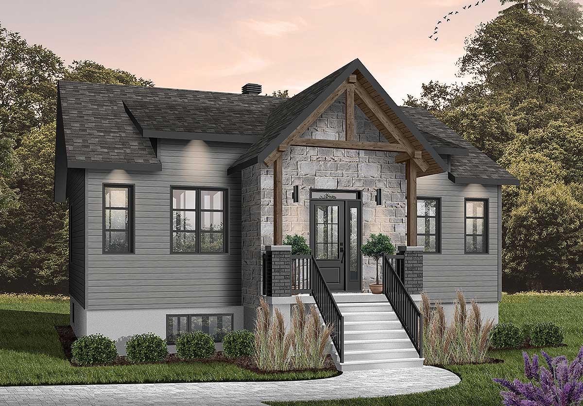 House plan exterior showing a two-story home with stone and horizontal siding, a covered porch with timber accents, and multiple gables.