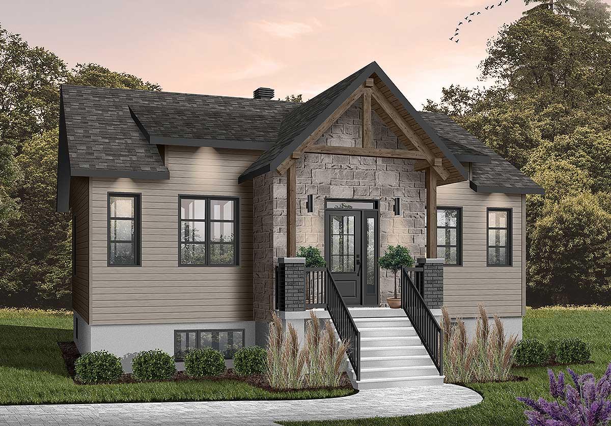 House plan exterior with stone facade, covered entry with timber accents, gabled roof, and double front doors.