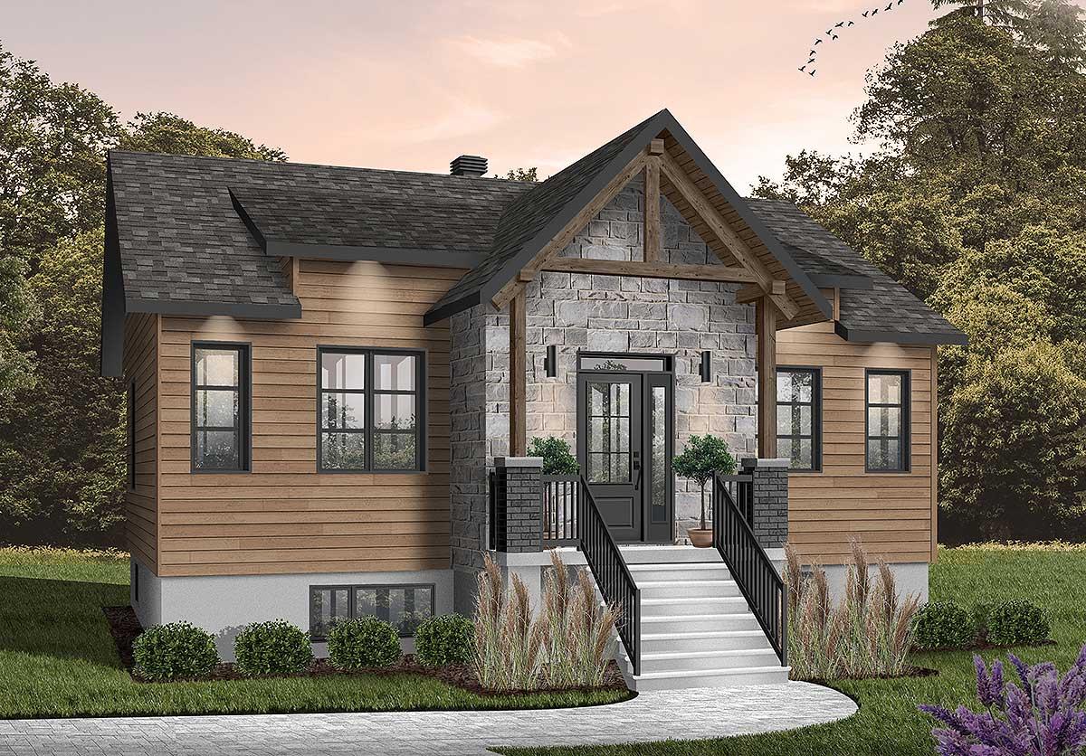 House plan exterior: Wood siding, stone facade, covered porch with exposed beams, and gabled roof.