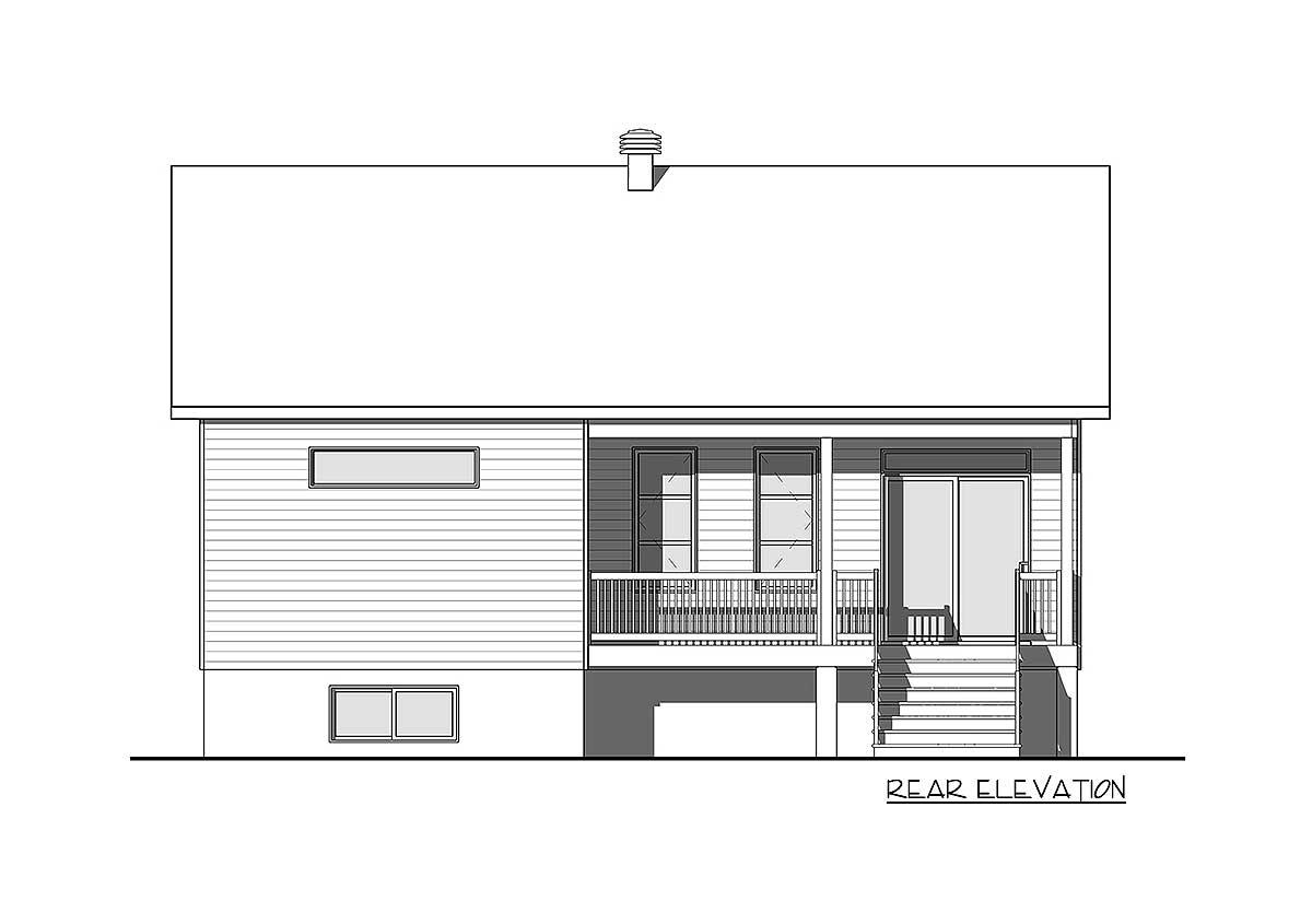 Rear elevation drawing shows a house with horizontal siding, a porch with railing, and a sliding glass door.