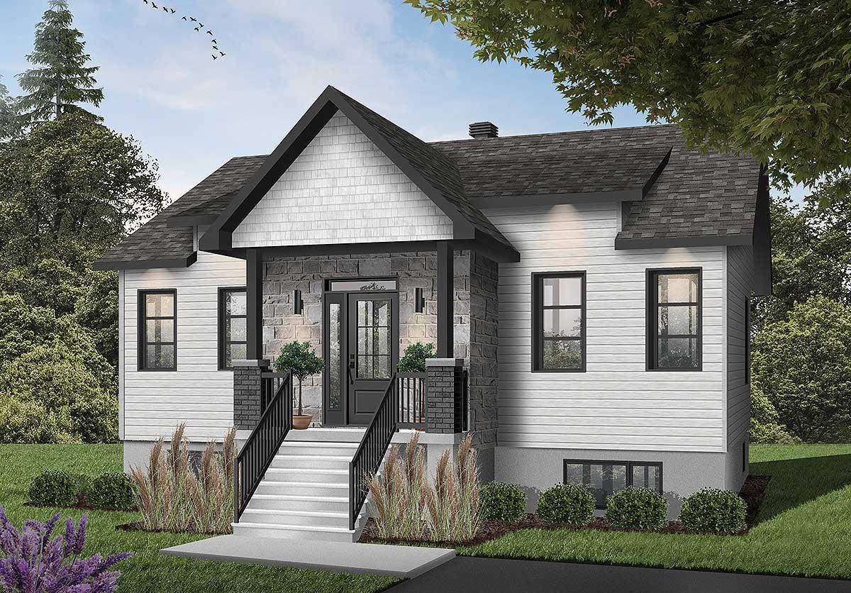 House plan exterior. Two-story home with front porch and gable roof. Stone facade accents the entrance with black framed windows.