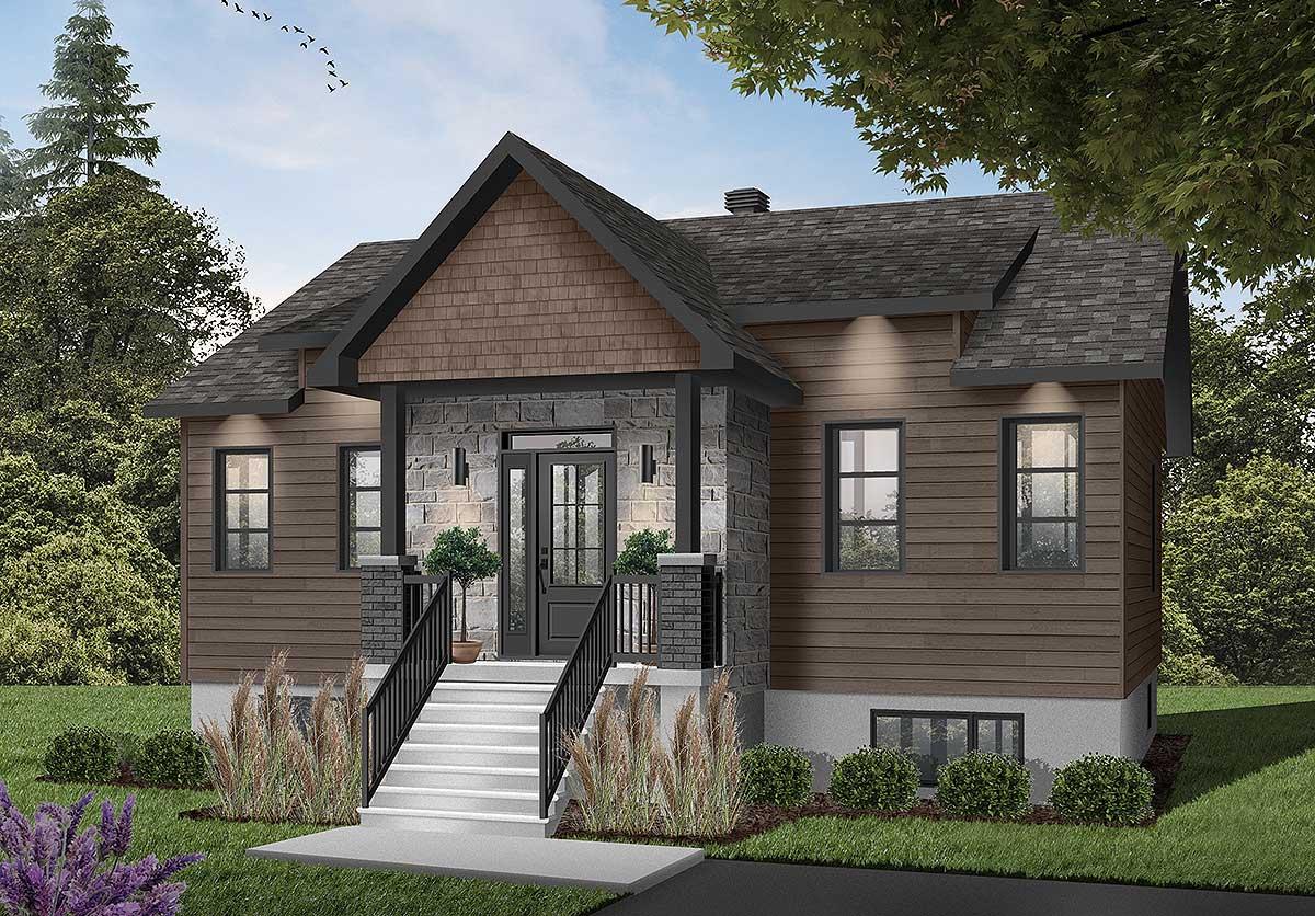 House plan exterior, two stories, covered porch with stone accents, double entry door, and gable roof.