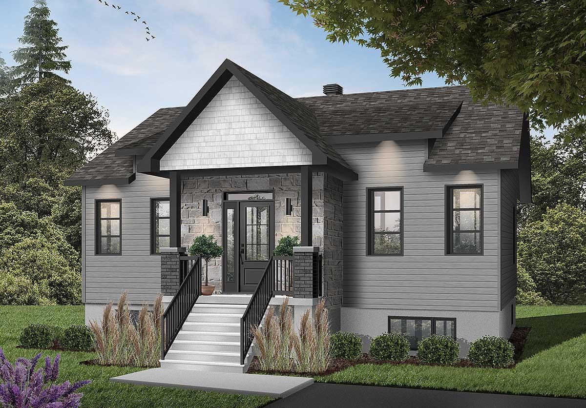 House plan exterior featuring a pitched roof, stone accents, covered entryway, and multiple gables. One and a half stories.
