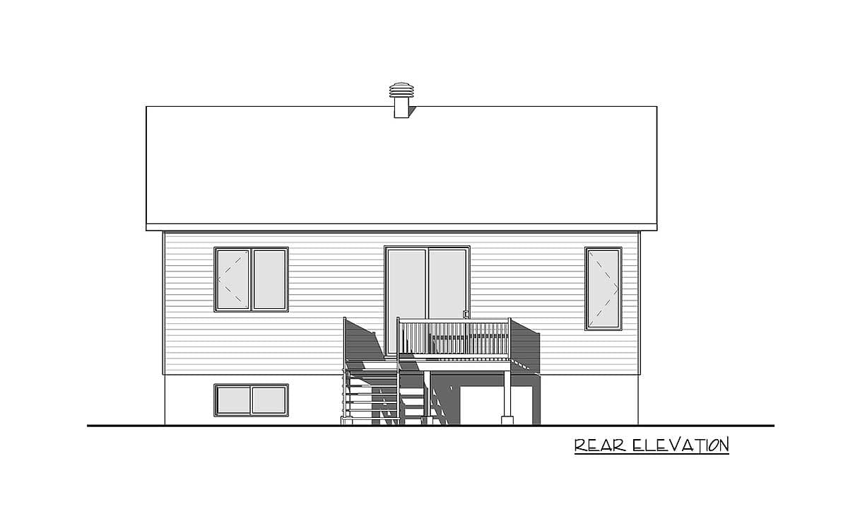Rear elevation drawing showing a house with siding, a deck with stairs, three windows, and a sliding glass door.