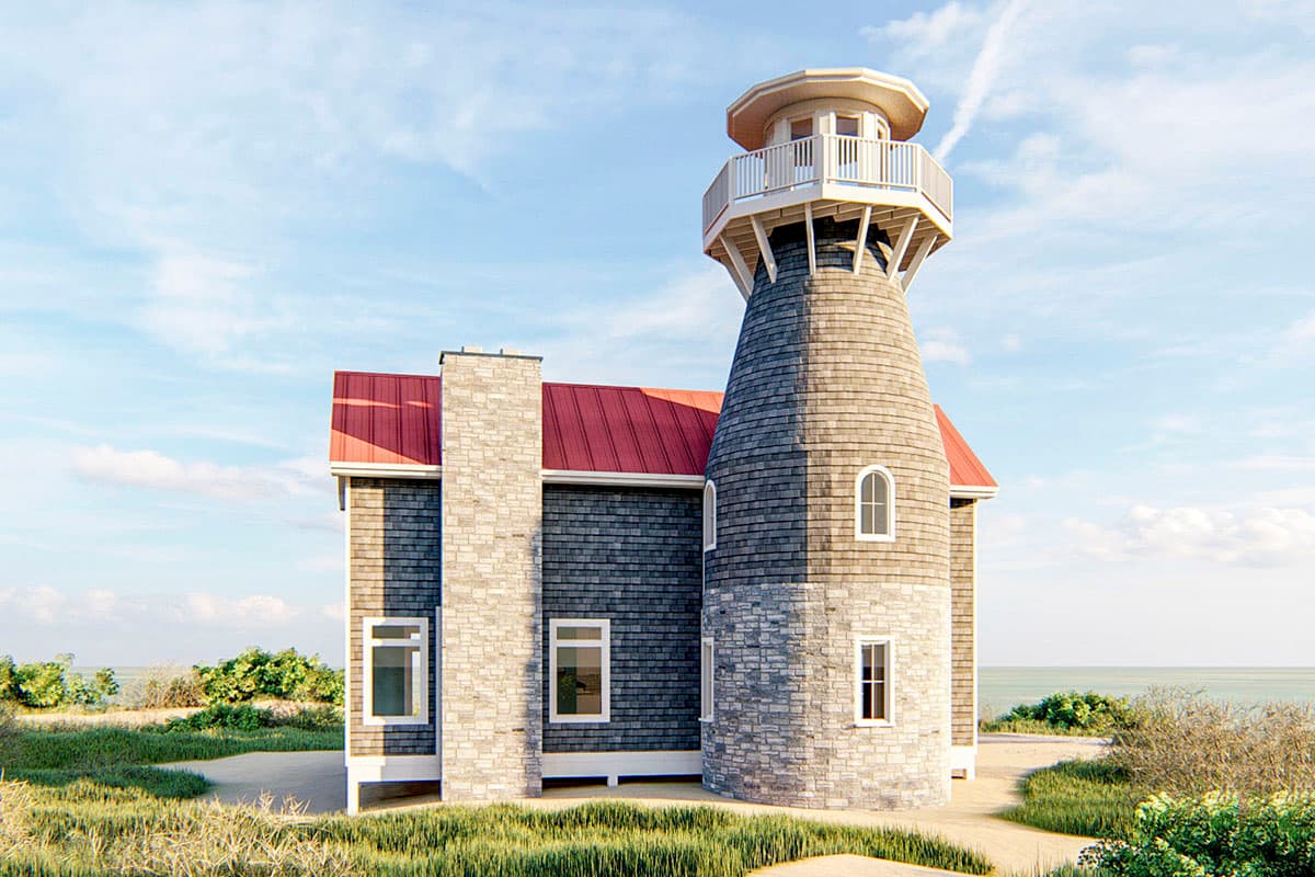 House plan exterior featuring a lighthouse tower with shingled siding, stone base, octagonal balcony, red metal roof, and stone chimney.