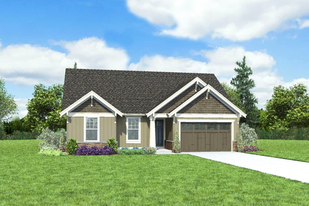 House plan exterior: Ranch style, one story with gables, dormers, covered entry, and attached garage.