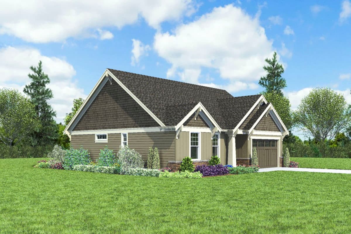 House plan exterior: Ranch-style, single-story home with gabled dormers, shingled gable ends, and a two-car front-facing garage.