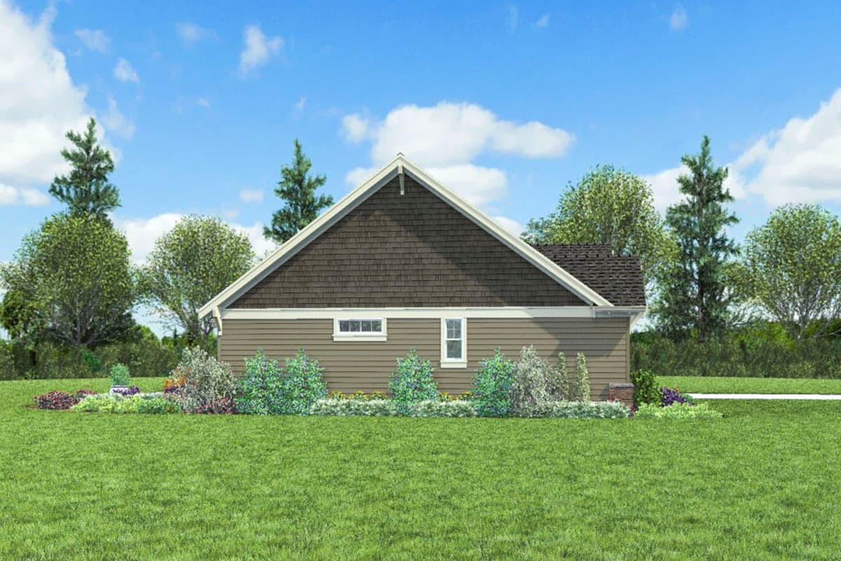 House plan exterior of a one-story home with horizontal siding, a gable-end roof with shingle detail, and two windows.