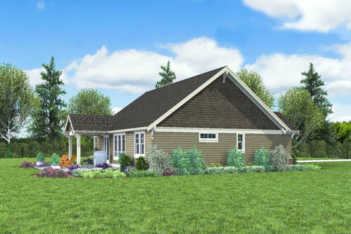 House plan exterior, single-story, featuring a gabled roof, dormers, and a covered porch.