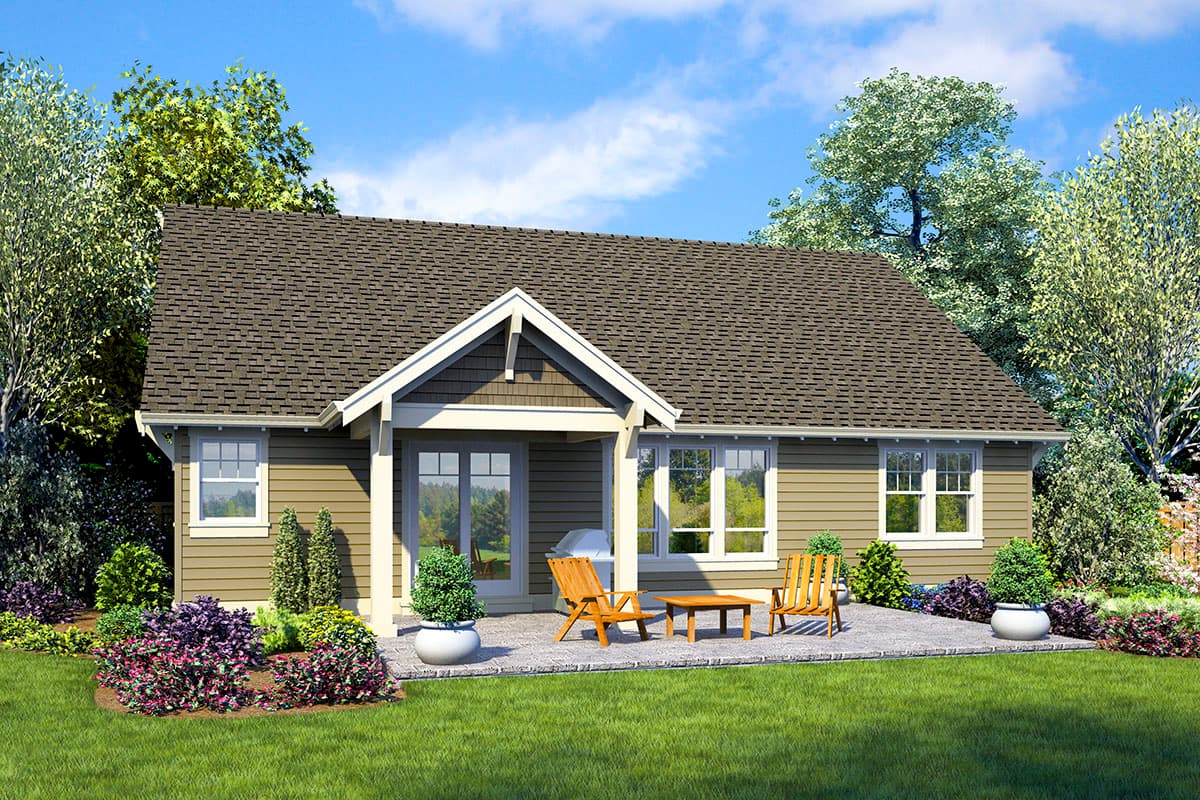 House plan exterior: one-story Modern Farmhouse style with gable roof, covered entry porch, and multiple windows.