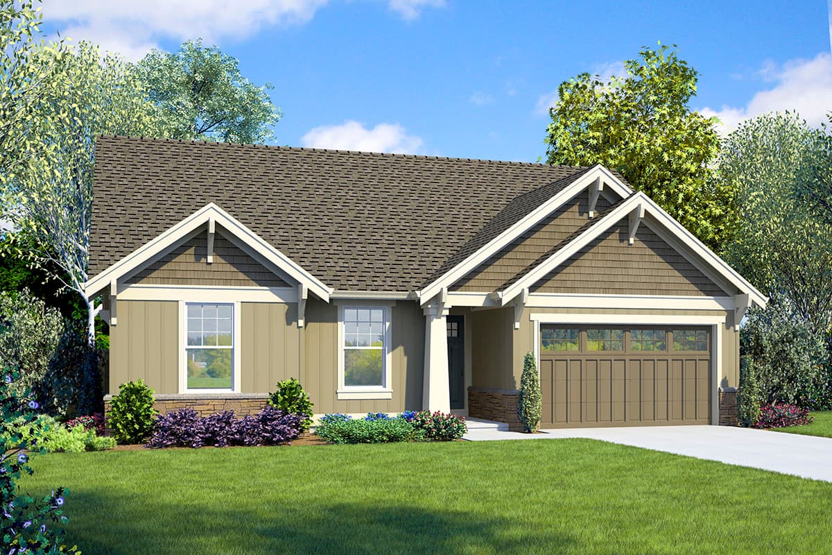 House plan exterior. Craftsman-style, one-story home with a gabled roof. Features include a front-facing garage and decorative gable brackets.