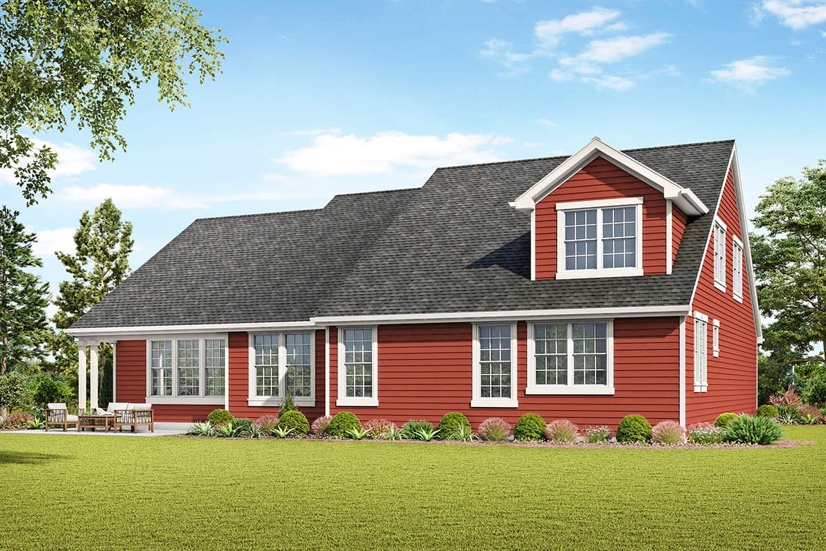 House plan exterior: Red siding, two-story home with a prominent dormer, gabled roof, and covered porch.