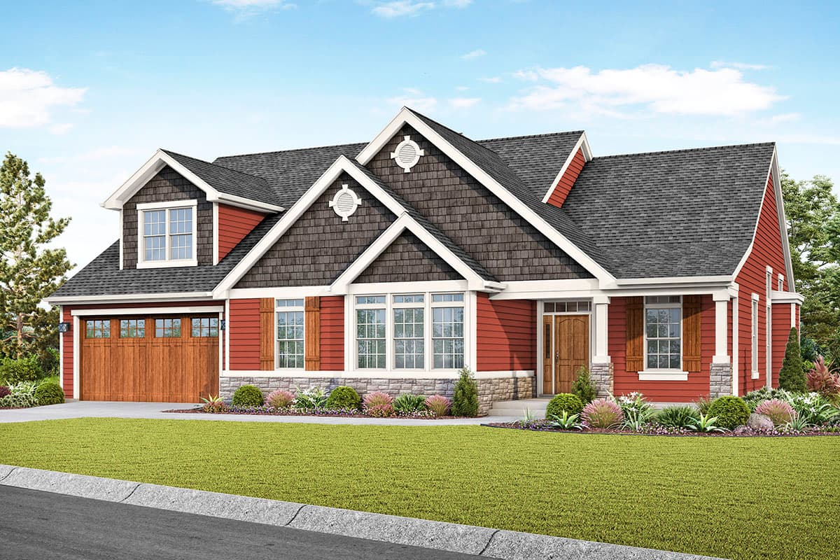 House plan exterior with Craftsman-style elements, multiple gables, and a front-facing garage. Features include a covered porch and wood shutters.