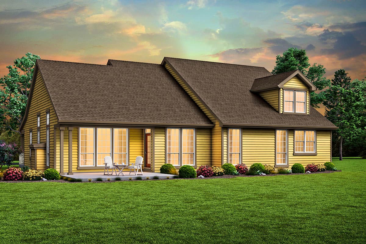 House plan exterior: One-story Ranch home with a covered porch, multiple gables, and a dormer window.