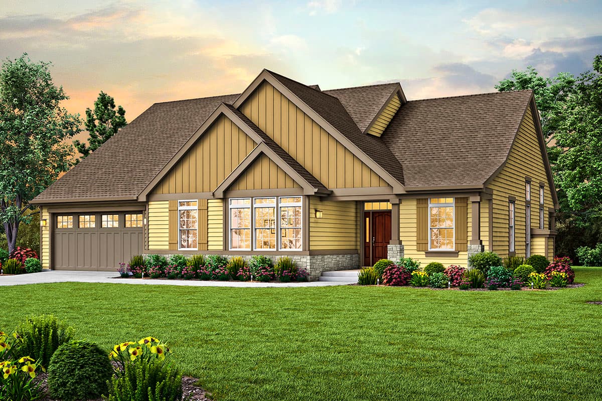 House plan exterior. Craftsman style, one-story home with gables, a covered entry, and attached garage. Featuring board-and-batten siding.