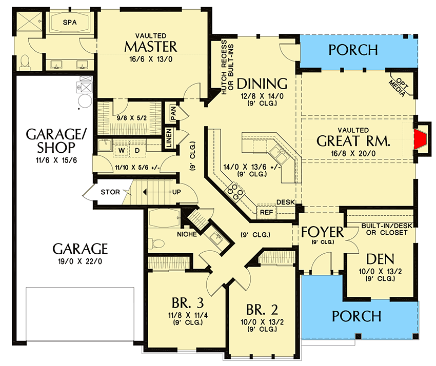 Plan 69741AM: Fine Country Craftsman House Plan with Bonus Room Over Garage - 2054 Sq Ft - Floor Plan - Main Level - Country, Craftsman
