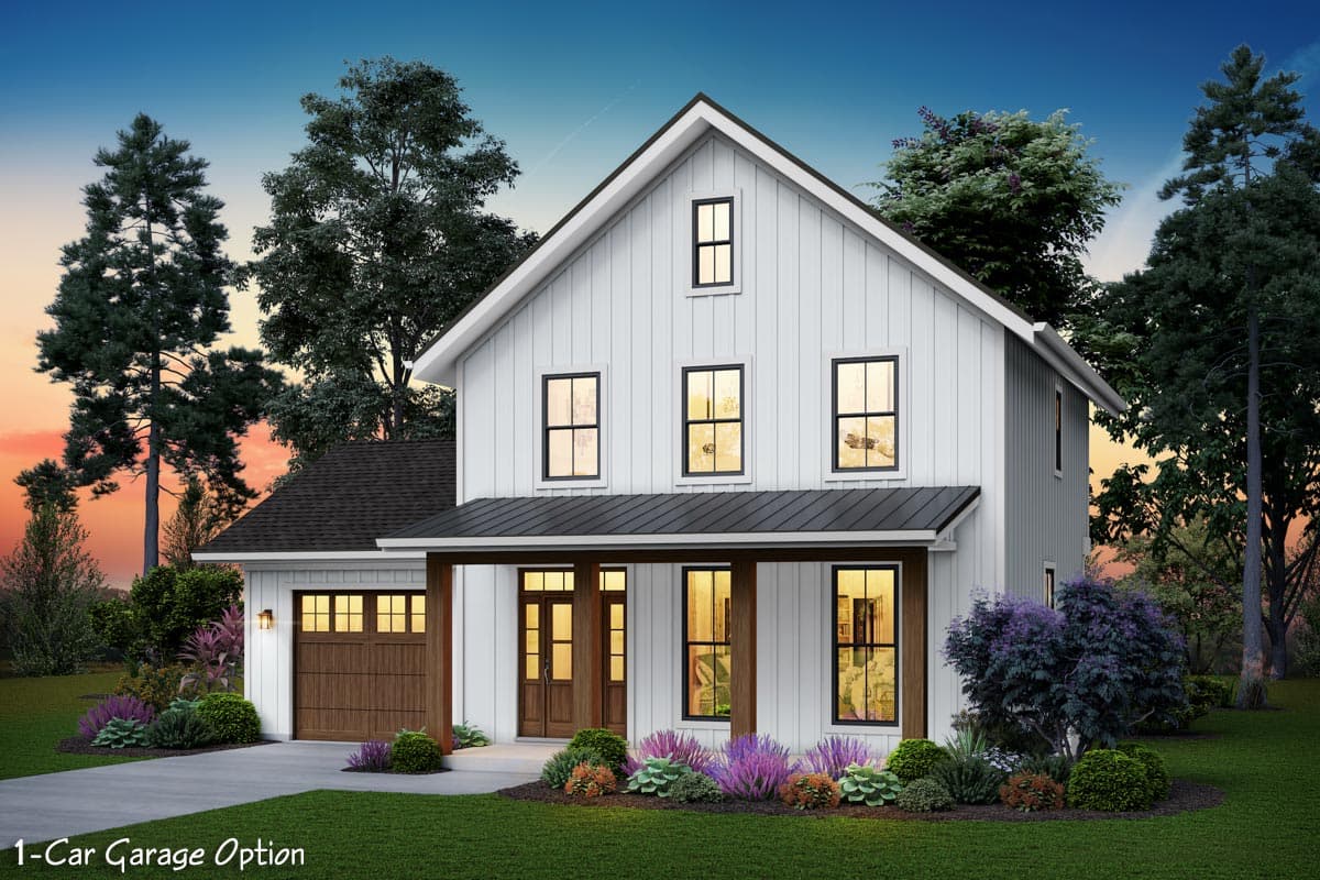 Modern Farmhouse style house plan exterior with 1-car garage, prominent gables, and covered entry porch.