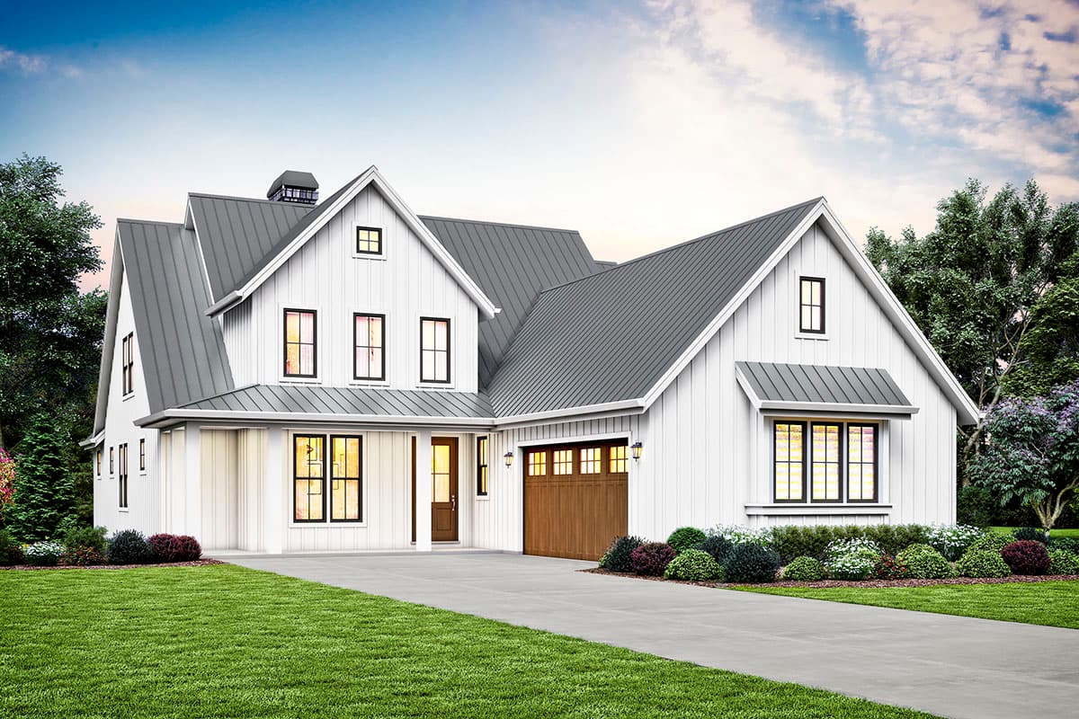 Modern Farmhouse house plan exterior with white board-and-batten siding, metal roof, gabled dormers, and attached garage.
