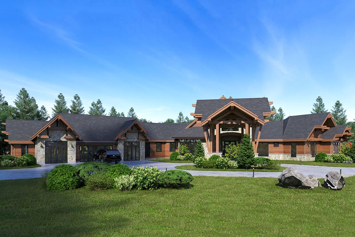 House plan exterior. Ranch-style home with multiple gabled rooflines, stone accents, and a porte-cochere entry. Includes attached garage.