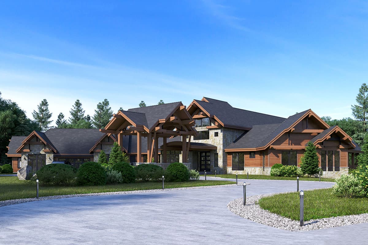 House plan exterior view with prominent exposed timber roof beams, stone and wood siding, and multiple gables.