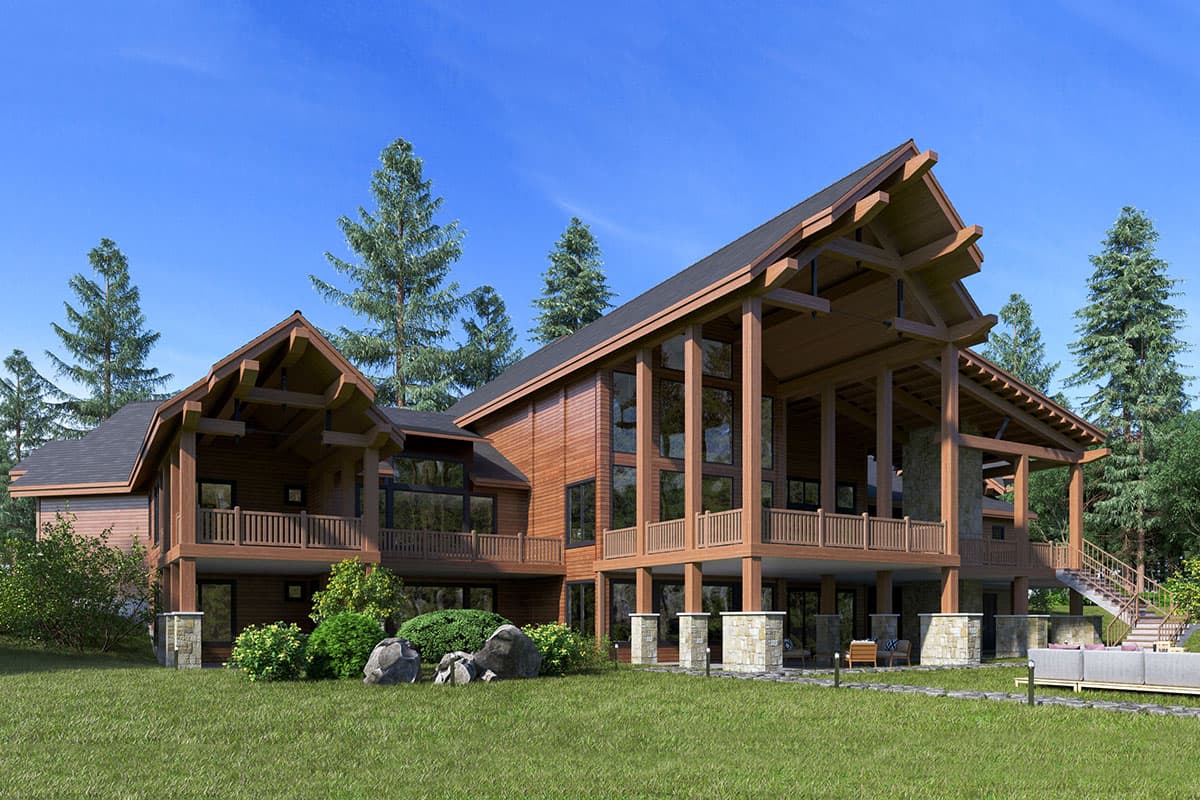 Modern timber frame house plan exterior with multi-story design, expansive windows, and covered balconies.