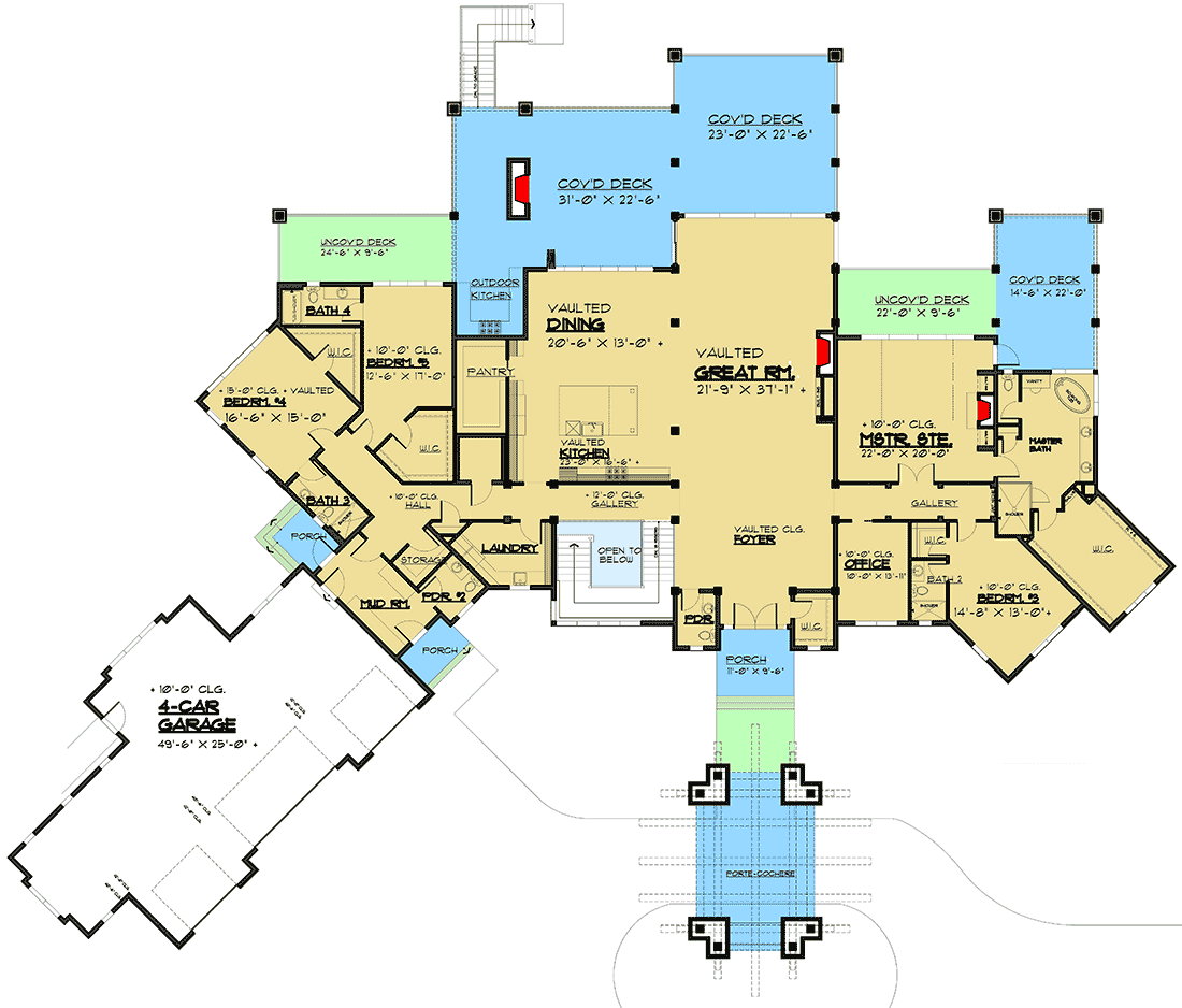 Plan 666078RAF: Luxury Mountain House Plan with Five Fireplaces - Floor Plan - Main Level - Craftsman, Mountain, Northwest