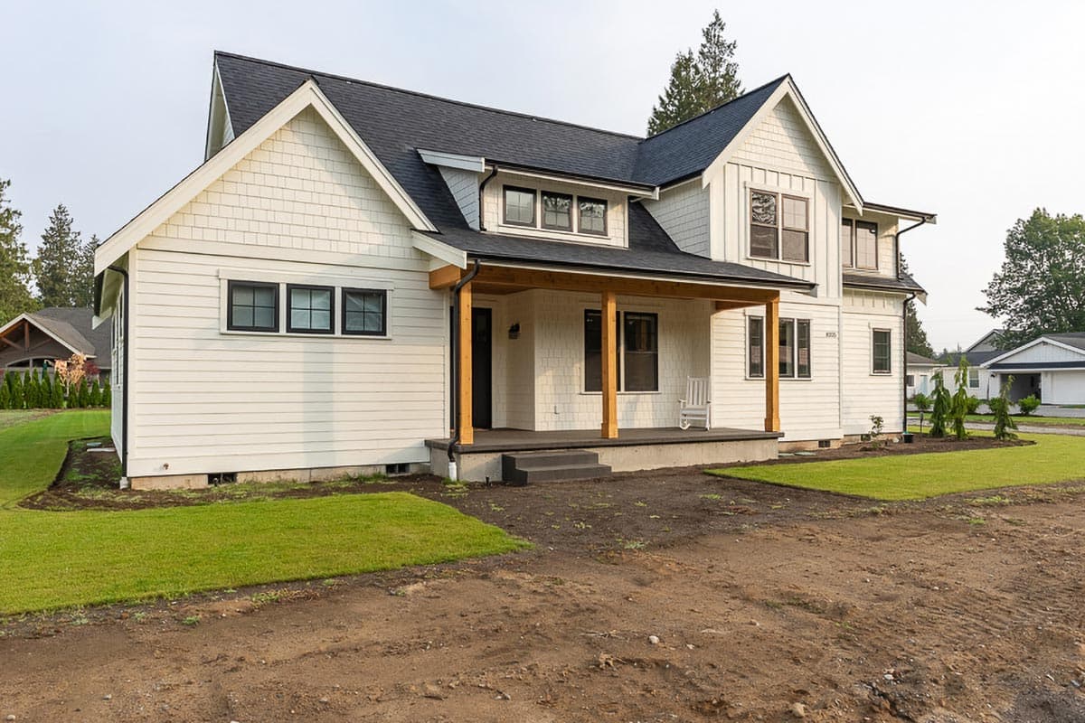 Modern Farmhouse style house plan exterior with gabled rooflines, board and batten siding, and a covered front porch.