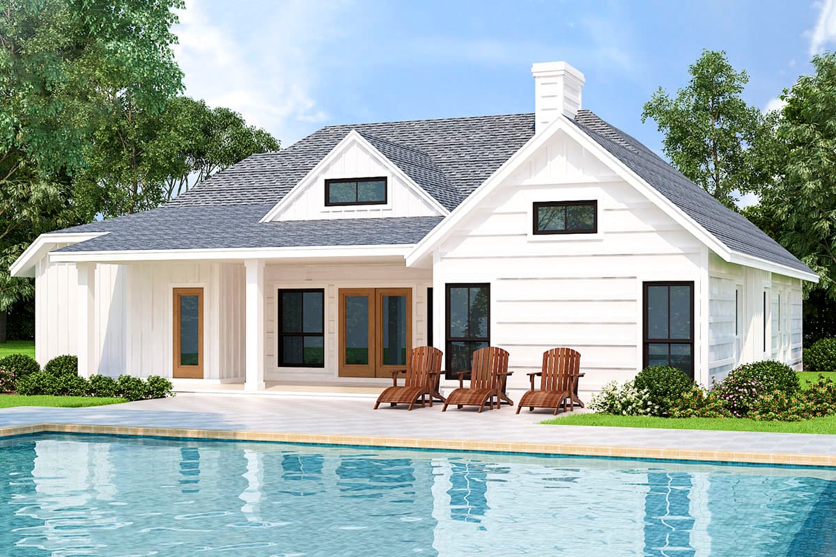 Modern Farmhouse house plan exterior with a gabled roof, dormer, covered porch, and white siding.