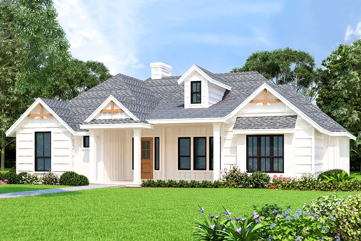 House plan exterior. Modern Farmhouse style, one-story. Features include gables, dormers, and a covered porch. Gray shingle roof.