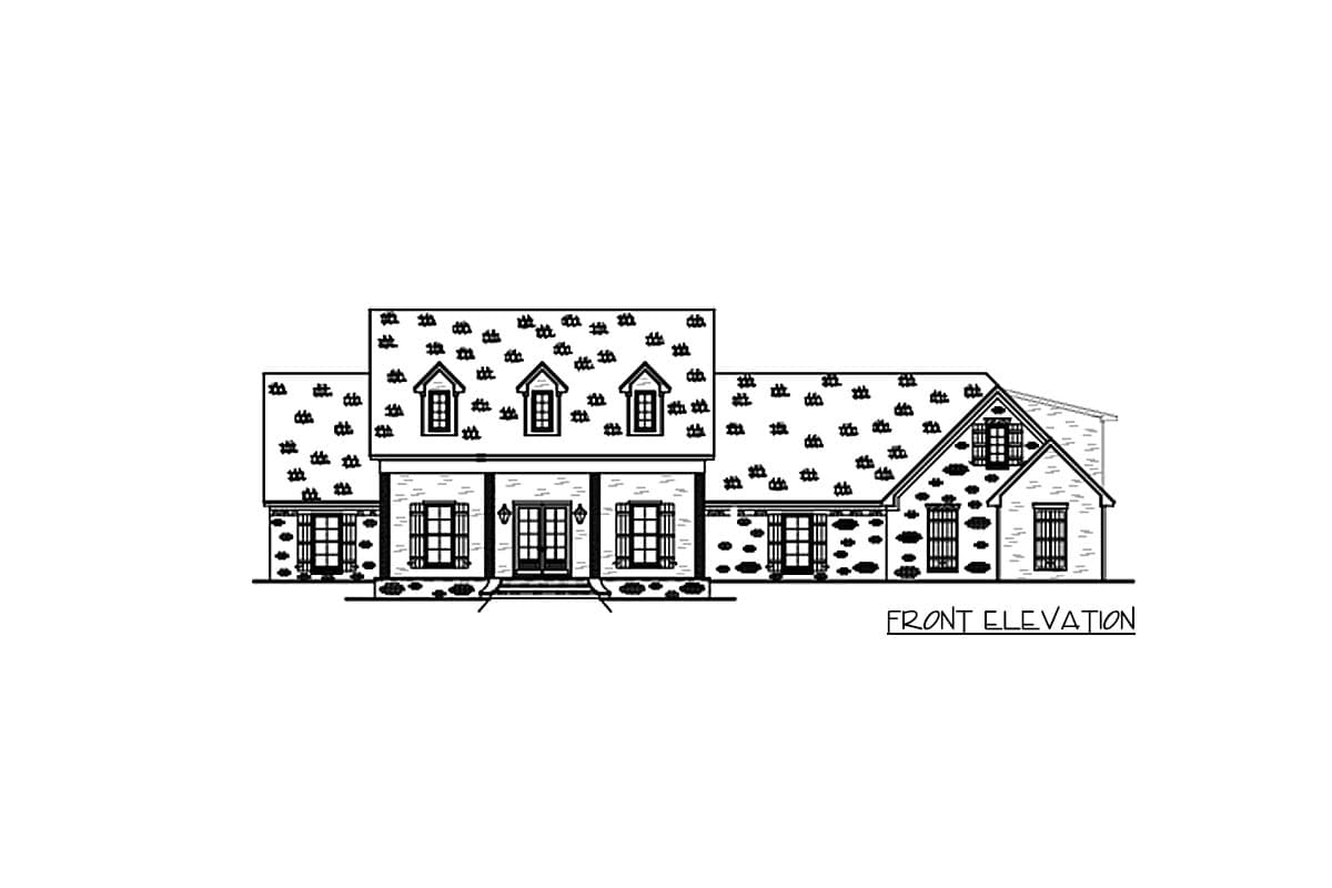 Front elevation drawing of a two-story house with a central gable, dormers, and stone exterior accents.