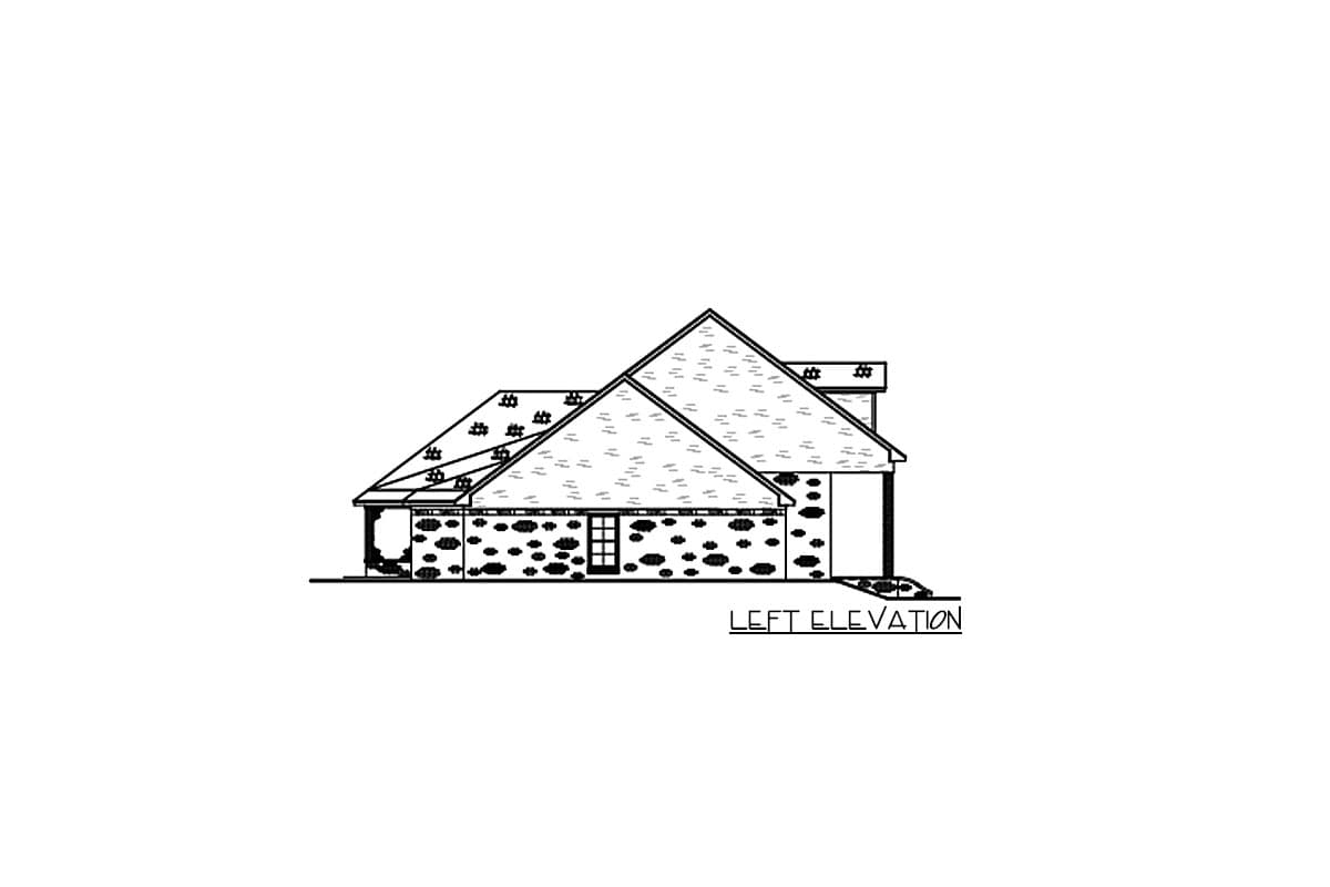 Left elevation house plan drawing showing stone lower walls, a pitched roof, a dormer, and a garage door.