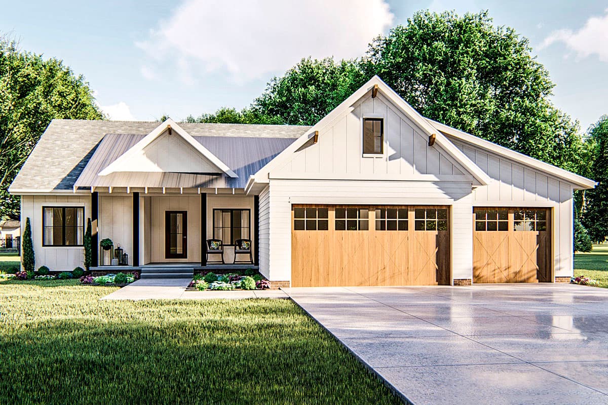 House plan exterior. Modern Farmhouse style with two stories, gabled roof, covered porch, and a two-car garage with wooden doors.